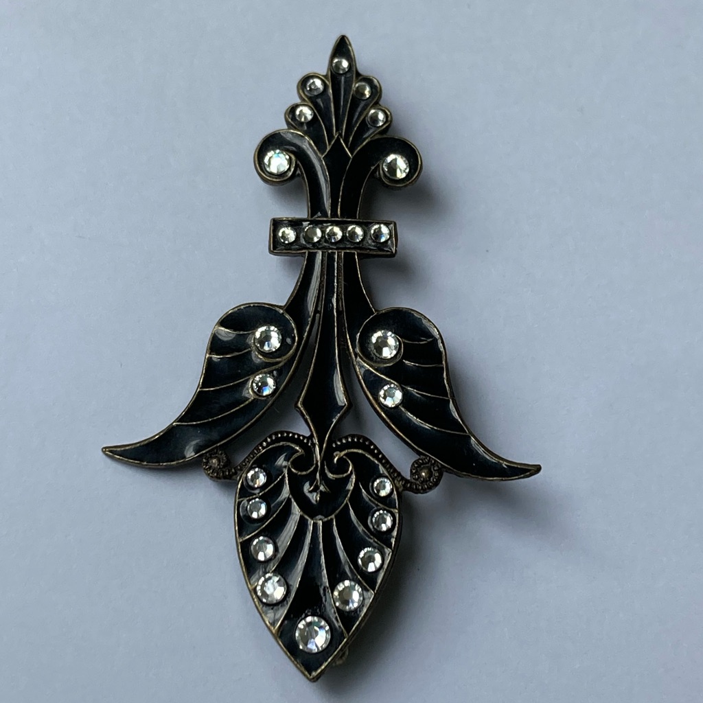 Anne Koplik Vintage Black Enamel & Rhinestone Brooch